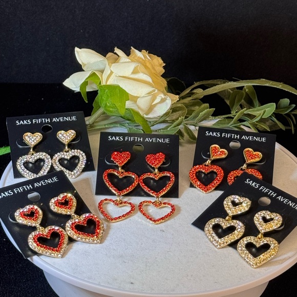 Saks Fifth Avenue Gold Tone Dangling Heart  Red Crystal Post Earrings 1.5in - Picture 7 of 12